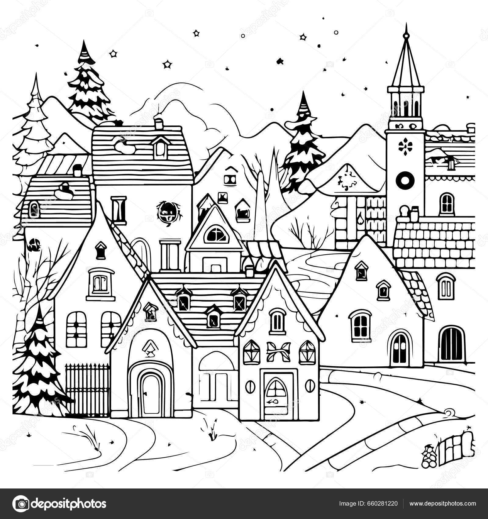 Sort Hvid Illustration Naturskønne Jul Landsby Stockvektor af ...