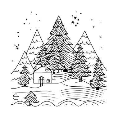 Manzaralı Noel köyünün siyah beyaz çizimi