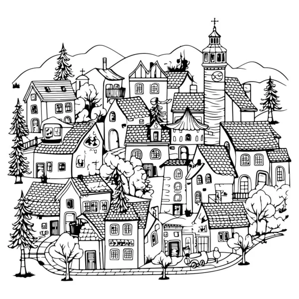 Schwarz Weiße Illustration Des Malerischen Weihnachtsdorfes — Stockvektor