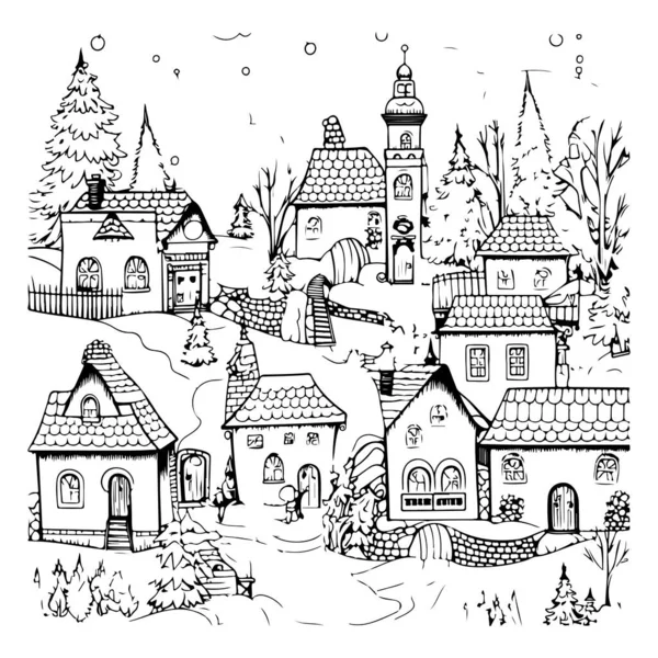 Manzaralı Noel Köyünün Siyah Beyaz Çizimi — Stok Vektör