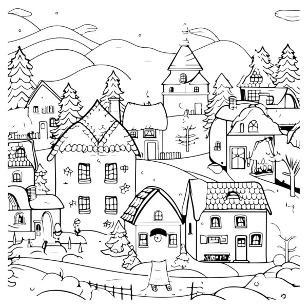 Zwart Wit Illustratie Van Het Schilderachtige Kerstdorp — Stockvector