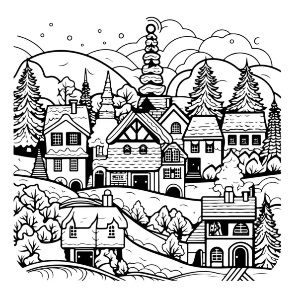 Черно Белая Иллюстрация Живописной Рождественской Деревни — стоковый вектор