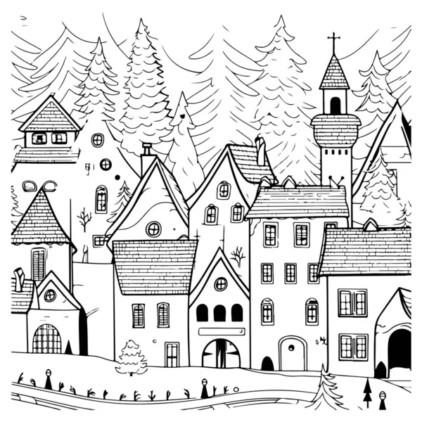 stock vector Black and white illustration of scenic christmas village