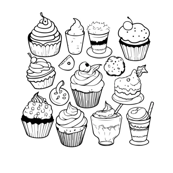 Illustration Art Ligne Élégant Desserts Sur Blanc — Image vectorielle