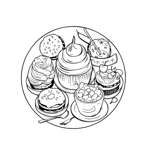 Stylish Line Art Illustration Desserts White — Stock Vector