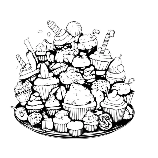 Stijlvolle Lijn Kunst Illustratie Van Desserts Wit — Stockvector