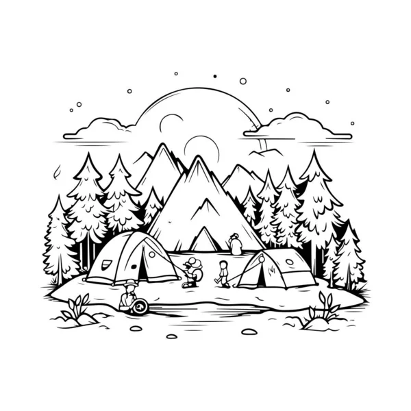 Black White Camping Line Vector Illustration — Stock Vector