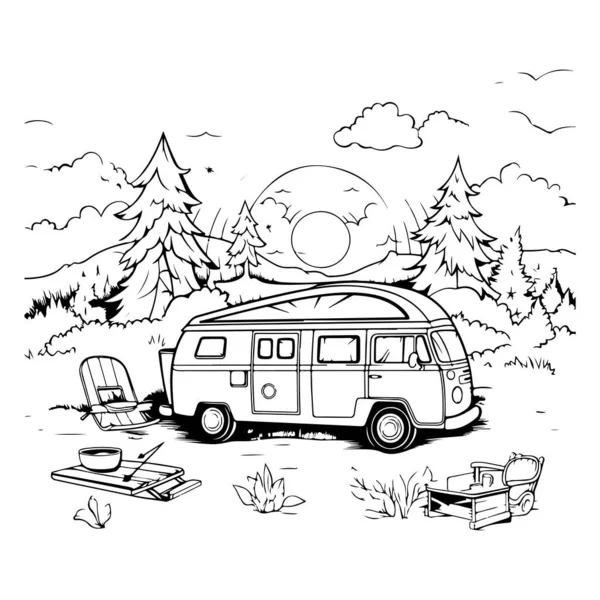Zwart Wit Camping Lijn Vector Illustratie — Stockvector