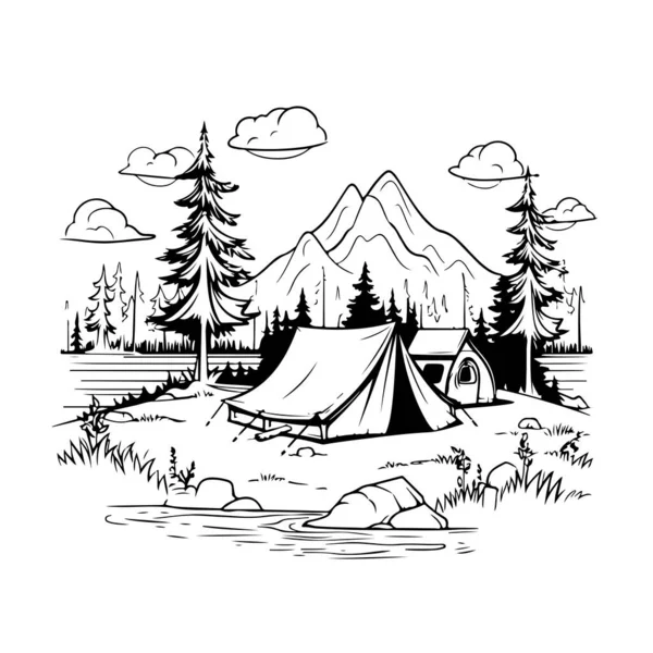 Ilustración Vectorial Línea Camping Blanco Negro — Vector de stock