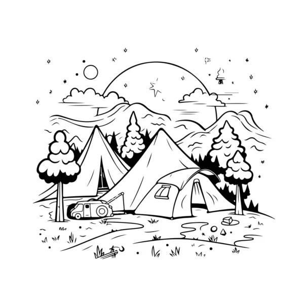 Illustration Vectorielle Ligne Camping Noir Blanc — Image vectorielle