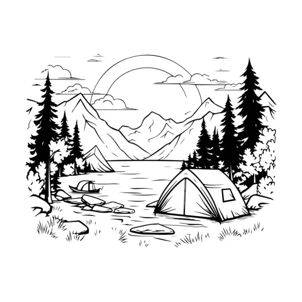 Illustration Vectorielle Ligne Camping Noir Blanc — Image vectorielle