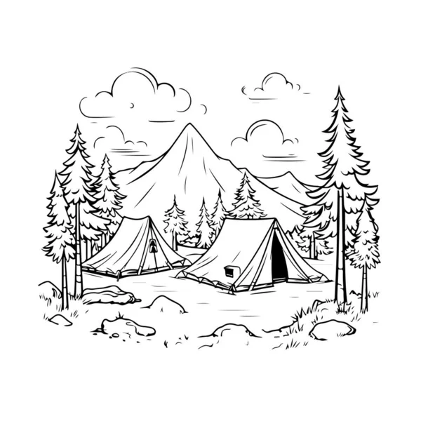 Black White Camping Line Vector Illustration — Stock Vector