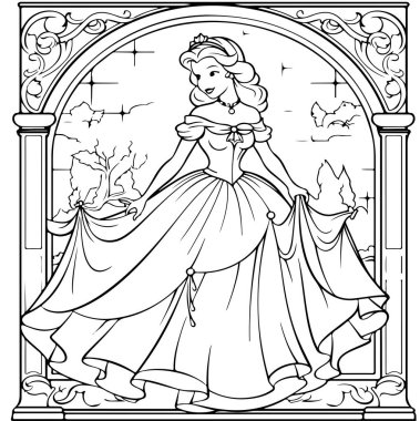 Prenses çizimi, boyama kitabı konsepti