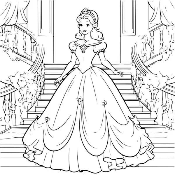 Libro Para Colorear Princesa Princesa Las Escaleras — Vector de stock
