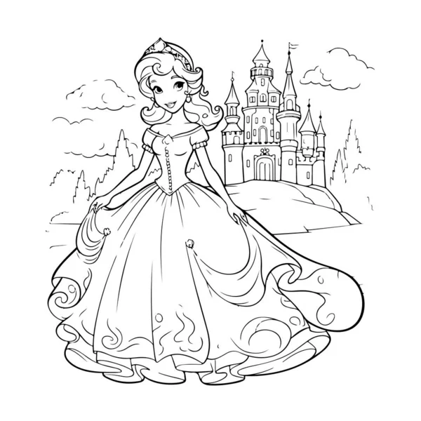 Иллюстрация Принцессы Возле Замка Раскраска Лицензионные Стоковые Векторы