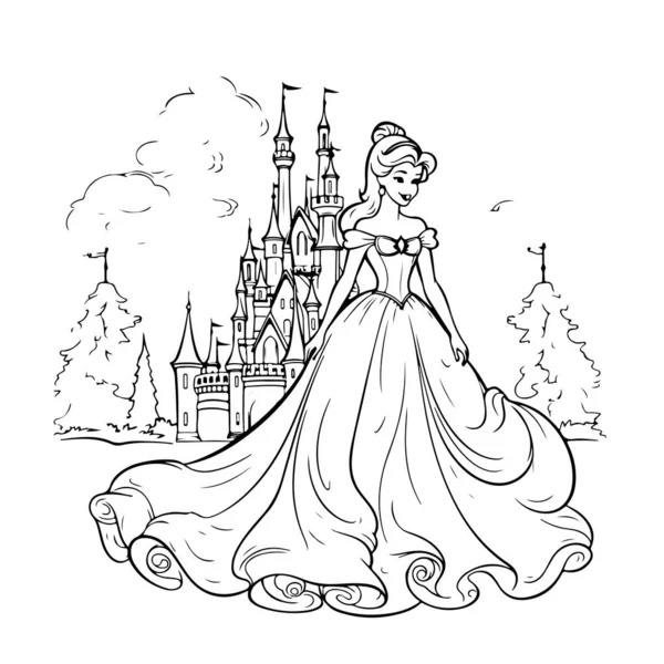 Иллюстрация Принцессы Возле Замка Раскраска Стоковый вектор