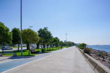 Ağaçlar, banklar ve Rıhtım manzaralı Sahilsel Gezinti