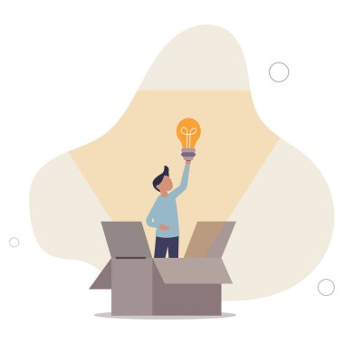 Kutunun dışını düşünün, farklı bir iş fikri yaratmak için yaratıcılık veya motivasyon ve yenilik kavramı. Düz vektör illüstrasyonu.