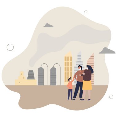 Kentlerdeki fabrikaların CO2 emisyonlarından kaynaklanan hava kirliliği. Aile duman yüzünden tehlikede. Düz vektör çizimi.