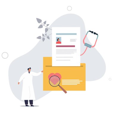 Hasta hakkında tıbbi geçmiş ve kayıt bilgileri. Hastalık tedavisi, teşhis veya bakım evrakları içeren sağlık veritabanı dizini. Düz vektör illüstrasyonu.