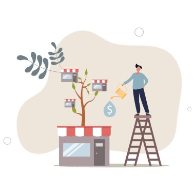 Ticareti büyütmek ya da işletmeyi genişletmek, girişimci şirket kurmak, başarı planını yükseltmek veya geliştirmek. Düz vektör illüstrasyonu.