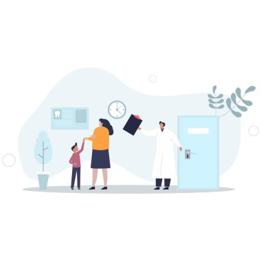 Anne ve oğlu dişçiye gidiyor. Doktor, diş, düz vektör çizimi. Sağlık ve stomatoloji kavramı.