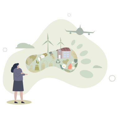 Karbon ayak izi etkisi ve CO2 emisyon problemi .düz vektör illüstrasyonunu azaltır.