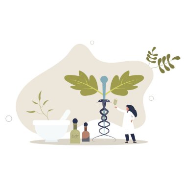 Bitkilerin ilaç olarak kullandığı bitkisel terapi ya da bitkisellik. Hastalık ve hastalık önleme veya doğal bitkisel malzemelerle tedavi. Düz vektör çizimi.