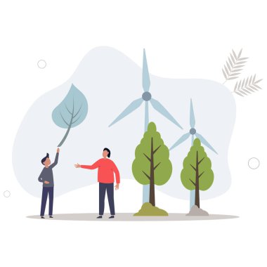 Yeşil enerjiyi teşvik etmek ve sürdürülebilir rüzgar türbini gücünden bahsetmek. Düz vektör illüstrasyonu.