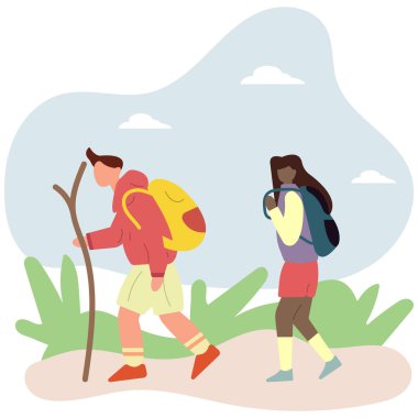 Yürüyüşe çıkan turistler. Aktif yaşam tarzı konsepti. Sıcak mevsim. Düz vektör illüstrasyonu.