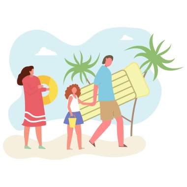 Aile sahile gider. Banyo ve eğlence aksesuarları. Tatil ve turizm konsepti..