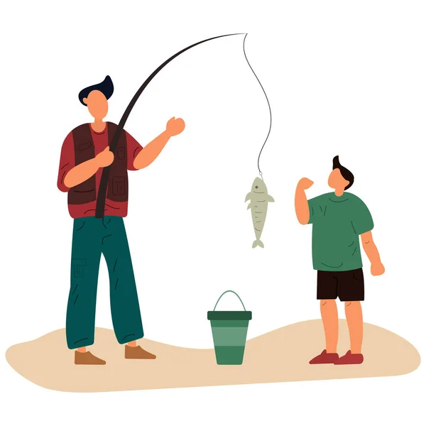 Father Son Leisure Men Fishing Flat Vector Illustration — Stock Vector
