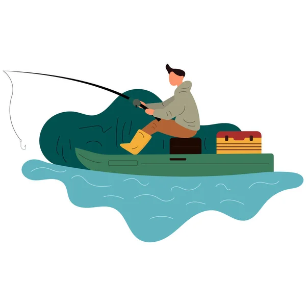 Male Catching Fish Inflatable Boat Flat Vector Illustration — Stock Vector