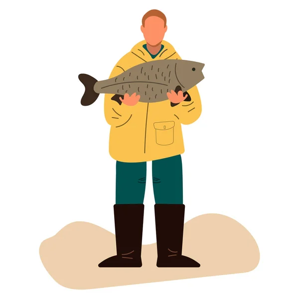Fisherman Holds Caught Fish Flat Vector Illustration — Stock Vector
