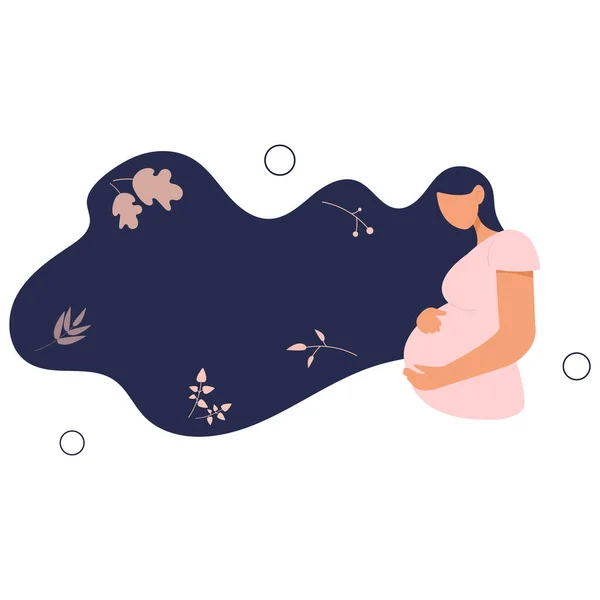 妊娠と母性についての現代のバナー テキスト フラットベクターイラストのための長い髪と場所を持つ美しい若い妊娠中の女性とのポスター — ストックベクタ