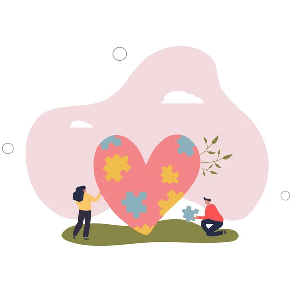 Wohltätigkeitsprojekt Gemeinnützige Organisation Cartoon Winzige Freiwillige Passen Rätsel Heart Flat — Stockvektor