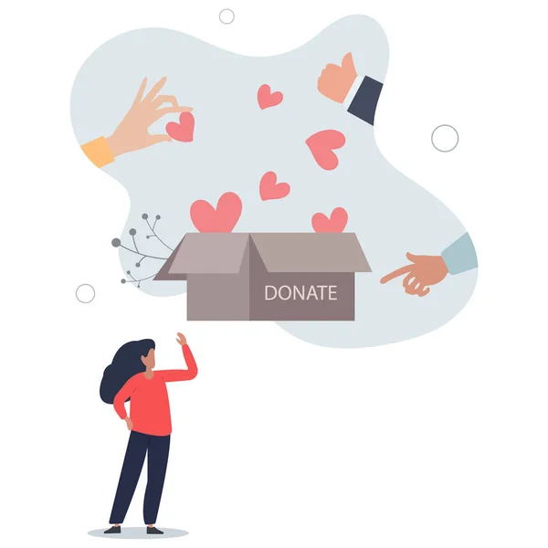 Handen Doneren Helpen Mensen Geven Harten Aan Donatie Doos Platte — Stockvector