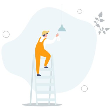 Ev onarım servisi. Elektrikçi ampulü ekonomik olarak değiştiriyor. Düz vektör illüstrasyonu