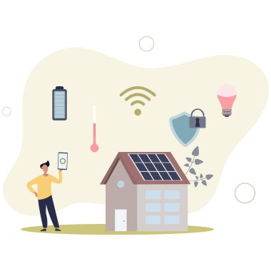 Akıllı ev, IOT yönetimi. İnsanlar ışık, elektrik ve güneş paneline erişimi kontrol edip kilitliyor. Düz vektör illüstrasyonu