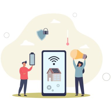 Akıllı ev, IOT yönetimi. Binanın telefon izleme sisteminde mobil uygulama. Düz vektör illüstrasyonu