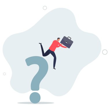 İş adamı büyük soru işareti işaretinin üzerinden atladı. Düz vektör illüstrasyonu.