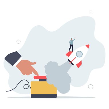 İş adamı el sıkışması başlangıç roketini başlatmaya başladı. Düz vektör illüstrasyonu.