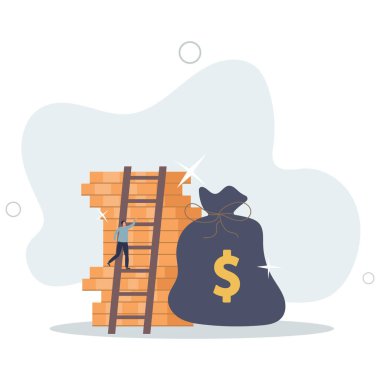 Zengin ve varlıklı hedefler için para yığınının tepesine tırmanan işadamı..