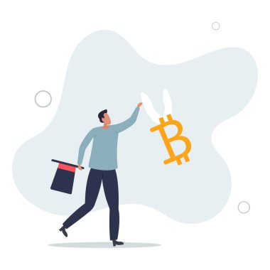 İşadamı başarılı bir şekilde sihirli şapkadan tavşan kulaklarıyla parlak Bitcoin çıkardı..