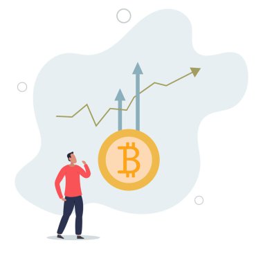 İşadamı yatırımcı, yeşil çizelge ve grafikle Bitcoin sembolünden yükselen oklar görmek istiyor.