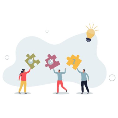 İnsanlar bulmaca ve ampul tutuyorlar. Karar veriyorlar. Vektör illüstrasyonu.