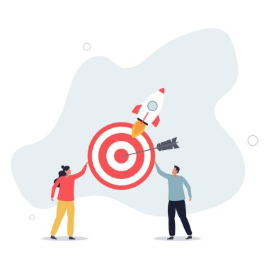 İş çözümü ve hedefler. Müşteriler okla hedef çemberi tutuyor. vektör illüstrasyonu.