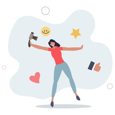 Blogger, vlog, etkileyici yeni dijital çağ insanları sosyal medya konsepti üzerine hikayeyi tanıtmak veya kaydetmek için yaşam tarzlarını yayınlıyorlar..