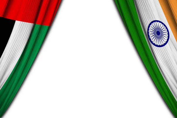 在白色背景下悬挂阿拉伯联合酋长国和印度国旗 3D说明 — 图库照片