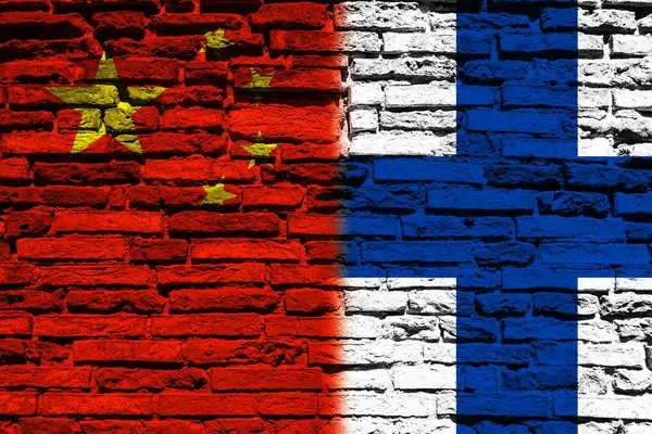Background with flag of China and Finland on brick wall